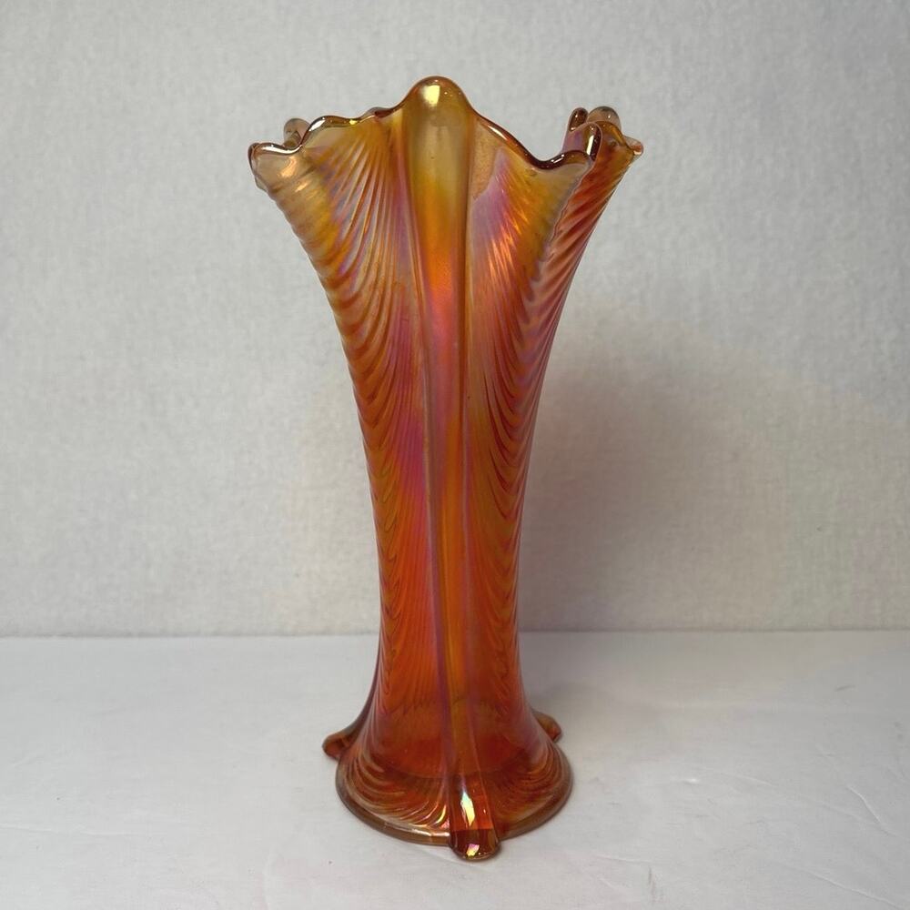 Vintage Northwood Marigold Carnival Glass Drapery Vase Orange Iridescent